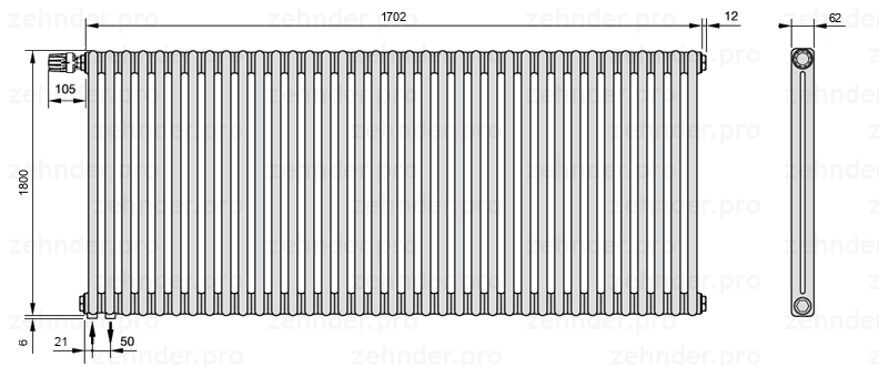 Схема (чертеж) Радиатор Zehnder Charleston 2180/37 №V001 Белый глянцевый RAL 9016